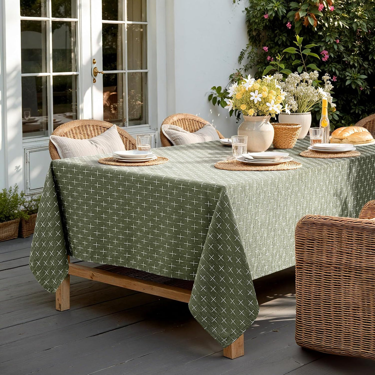 MIULEE Olive Green Rectangle Cross-Star Textured Table Cloth 60x84 Inch