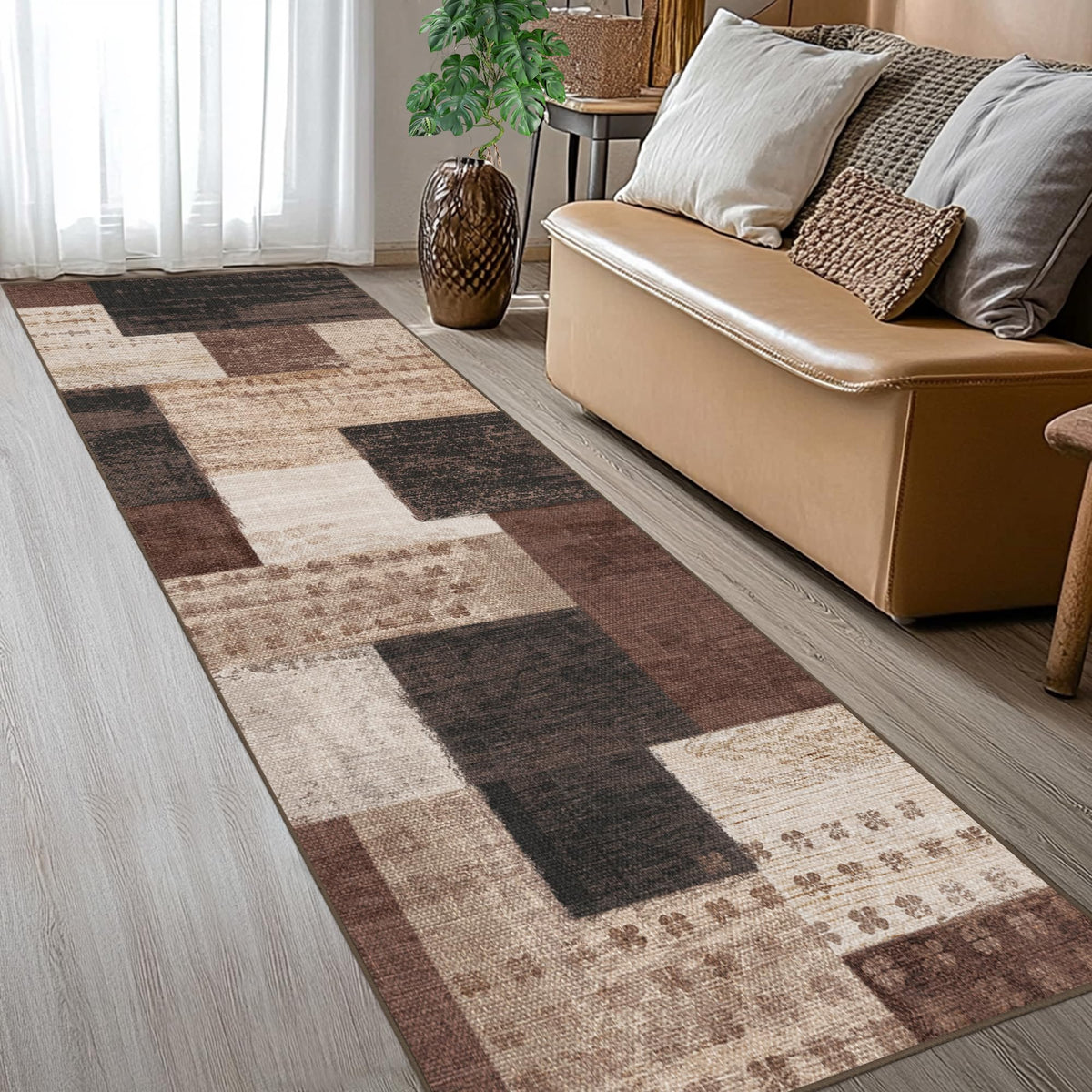 Modern Geometric Patchwork Indoor Area Rug for Living Room, Chocolate 5'x 7' Large Rug Rockwood Collection Hardwood Floors Decor for Bedroom, Brown Throw Carpet for Office Entryway Dining Room