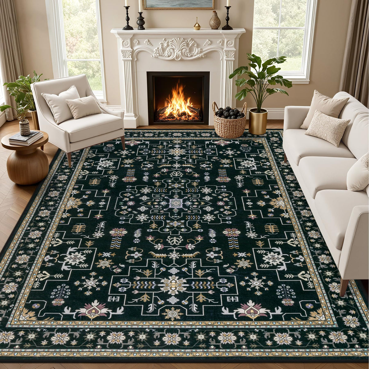 5x7 Area Rugs Living Room: Washable Vintage Rug for Bedroom Beige