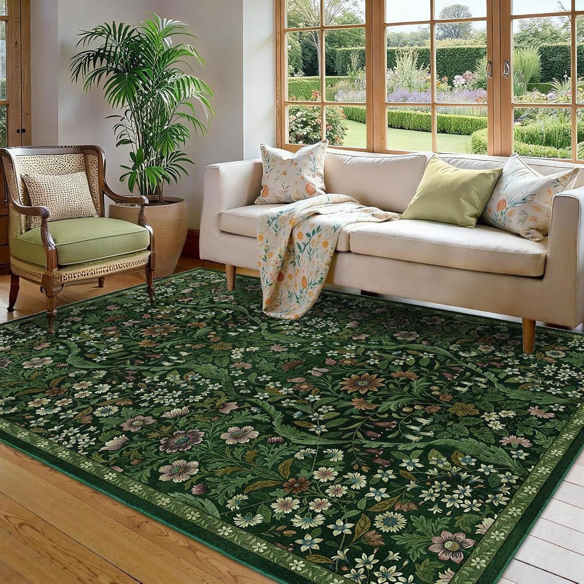 Floral Area Rug 5x7 Botanical Washable Carpet for Living Room