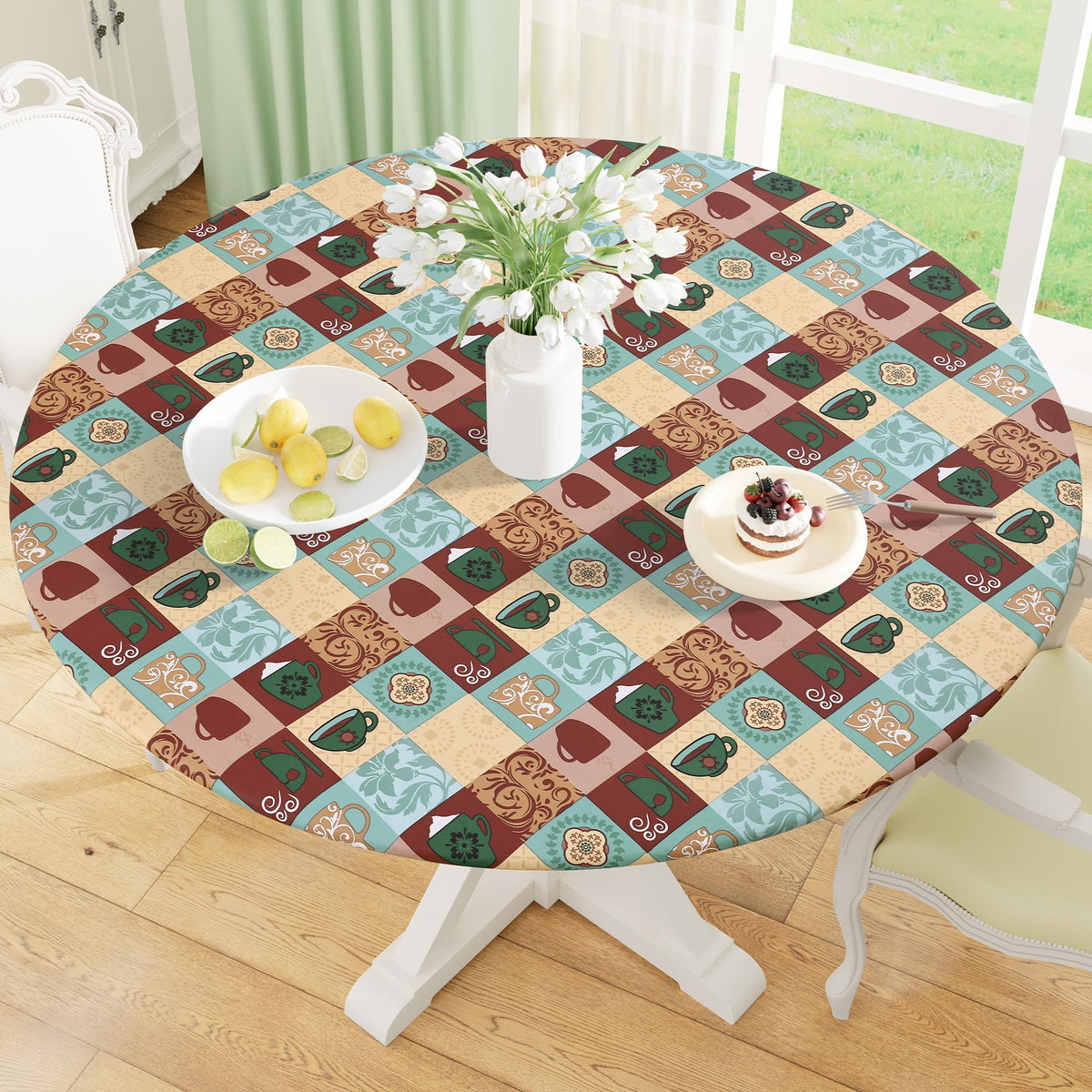 misaya Round Fitted Tablecloth with Elastic Edge, 100% Waterproof Oil Proof Plastic Table Cover, Vinyl Flannel Backed Tablecloth Fits 36"-44" Round Tables for Dinner, Outdoor, Picnic, Flowers