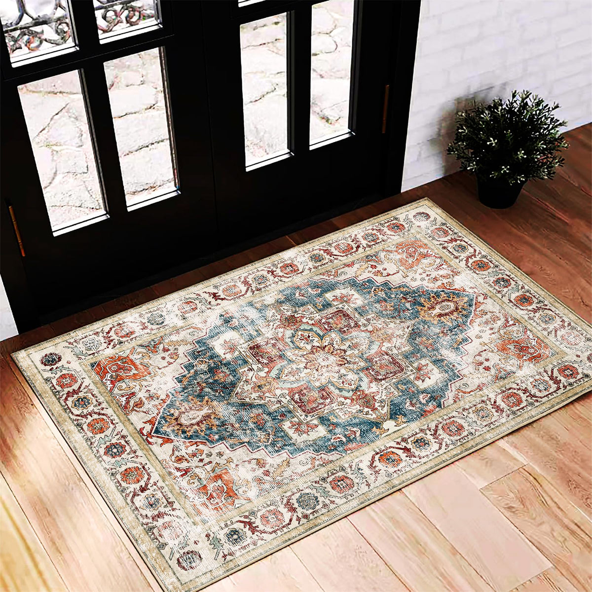 CHAMPLANT 6'x9' Washable Vintage Area Rug Boho Chic Medallion Distressed Design Non-Shedding Easy Care Ideal for High Traffic Areas in Living Room Bedroom Kitchen Office Large Carpet