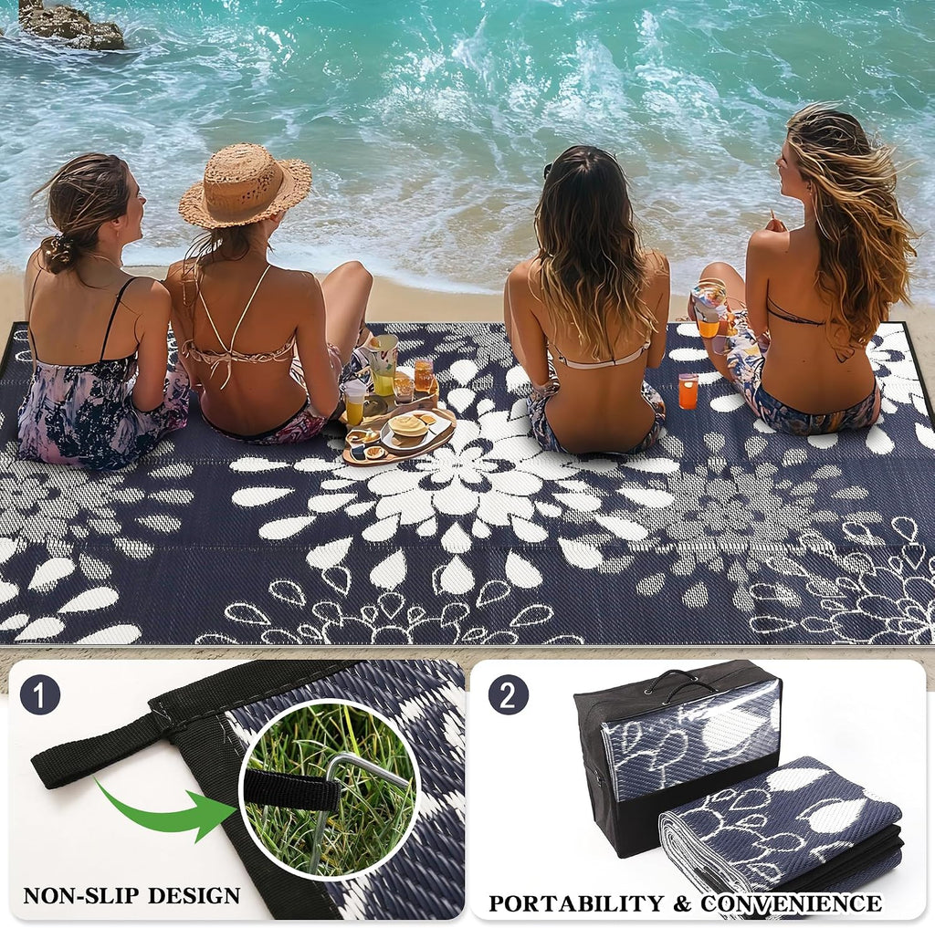 Wallona Outdoor Rug 5x8 ft, Flower Blue & White