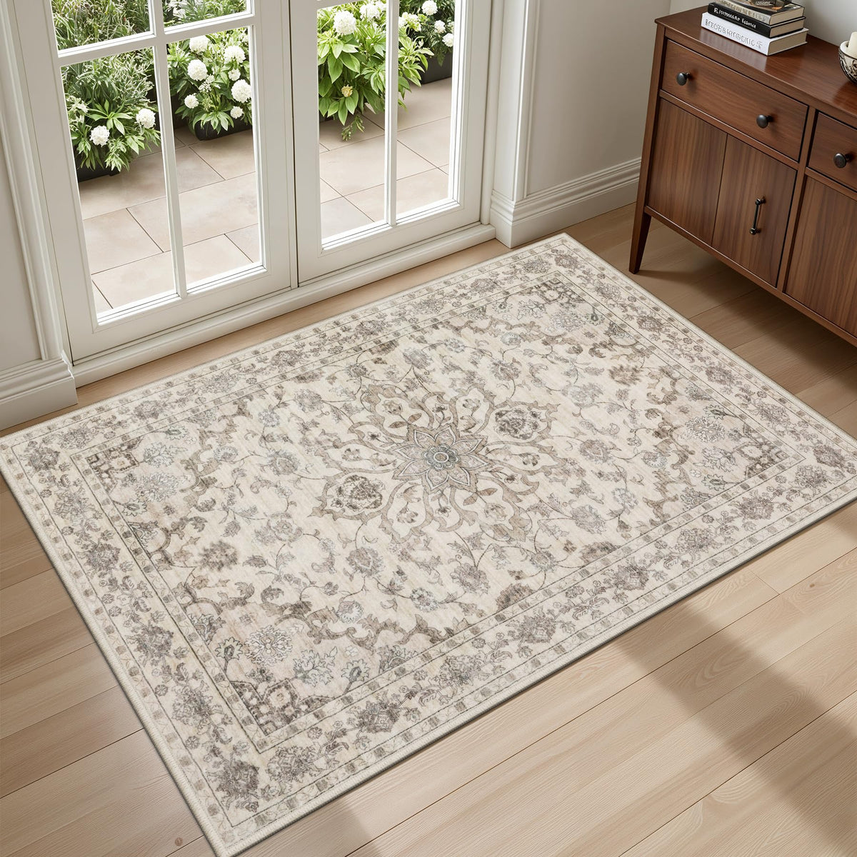 5x7 Area Rugs Living Room: Washable Vintage Rug for Bedroom Beige