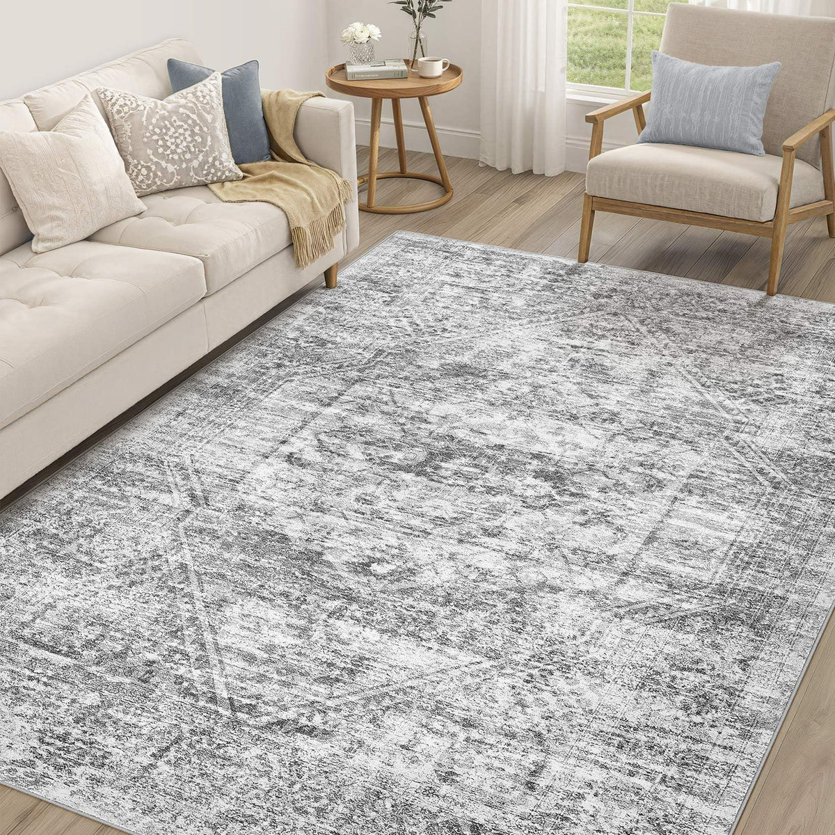 cotiled 5x7 Area Rug for Living Room, Washable, Traditional, Beige