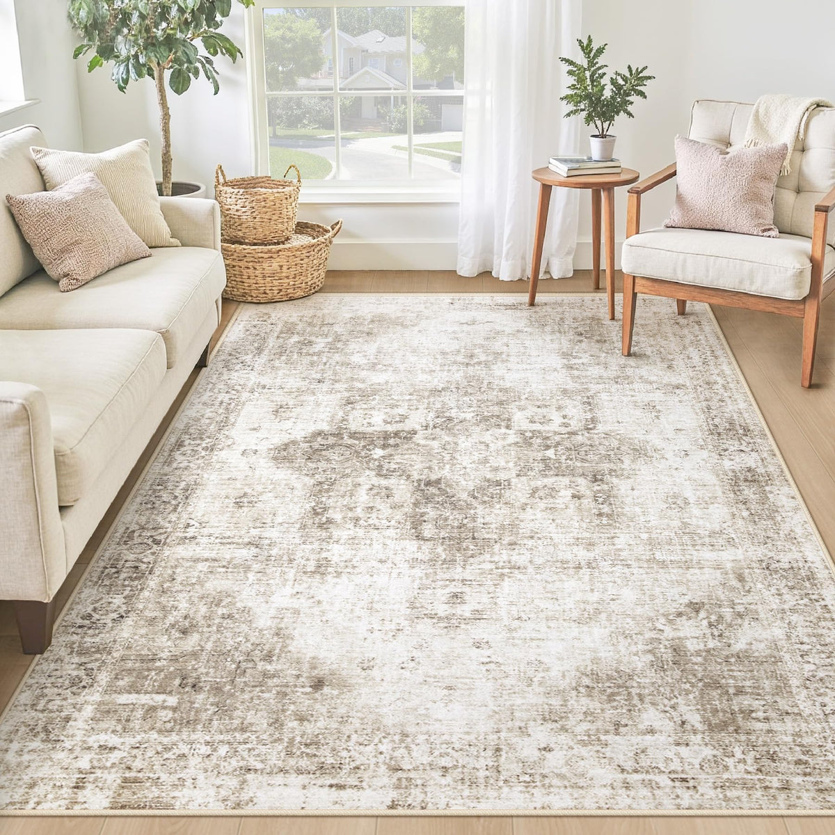 Area Rug 8x10 Washable Rug, Vintage Boho Medallion Rugs Non-Slip Soft Low Pile Large Distressed Rug Indoor Retro Carpet for Living Room Bedroom Dining Room Office Children's Room(Beige, 8'x10')