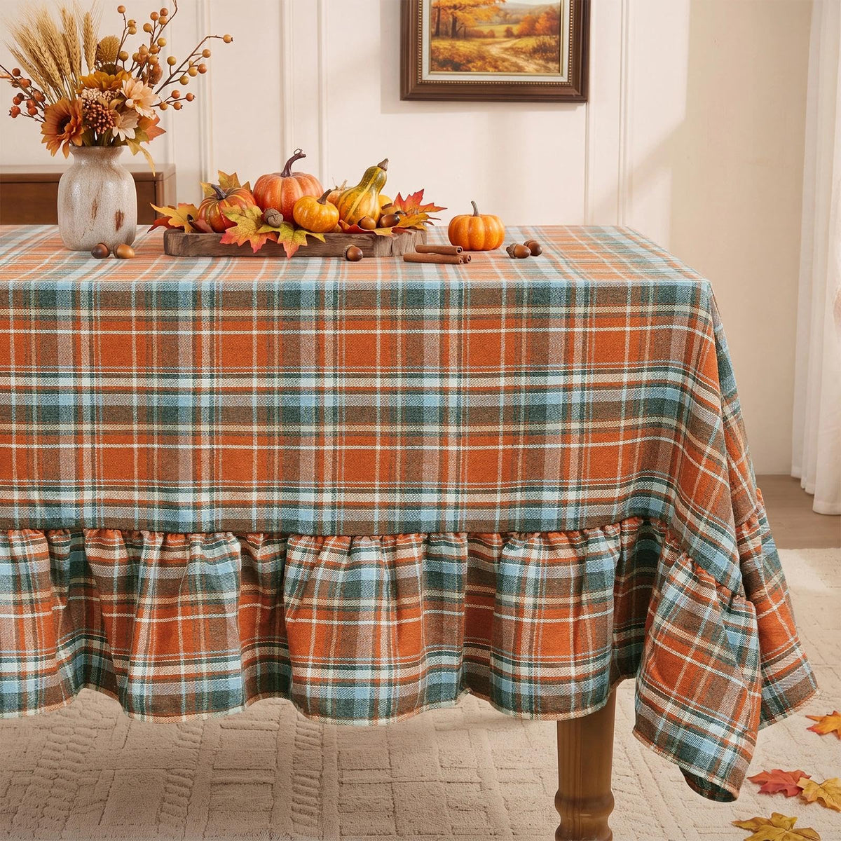 Romanstile Gingham Ruffled Tablecloth Rectangle, 60 x 84 Inch, Sage Green