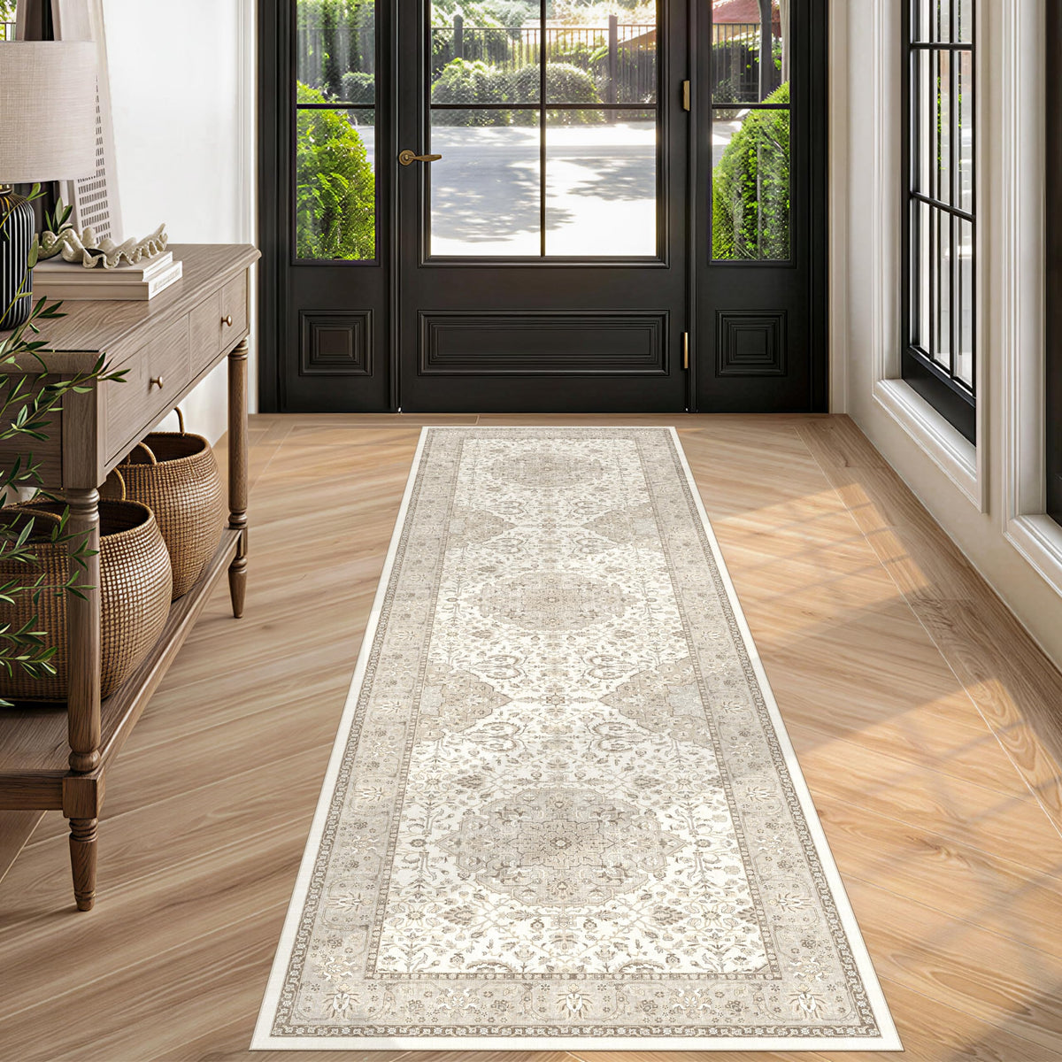 Hallway Washable Runner Rug - 2x10 Kitchen Rugs Entryway Rug Runner Vintage Soft Floor Mat Non Slip Indoor Farmhouse Carpet for Bathroom Living Room Bedroom (2 X 10, Beige)