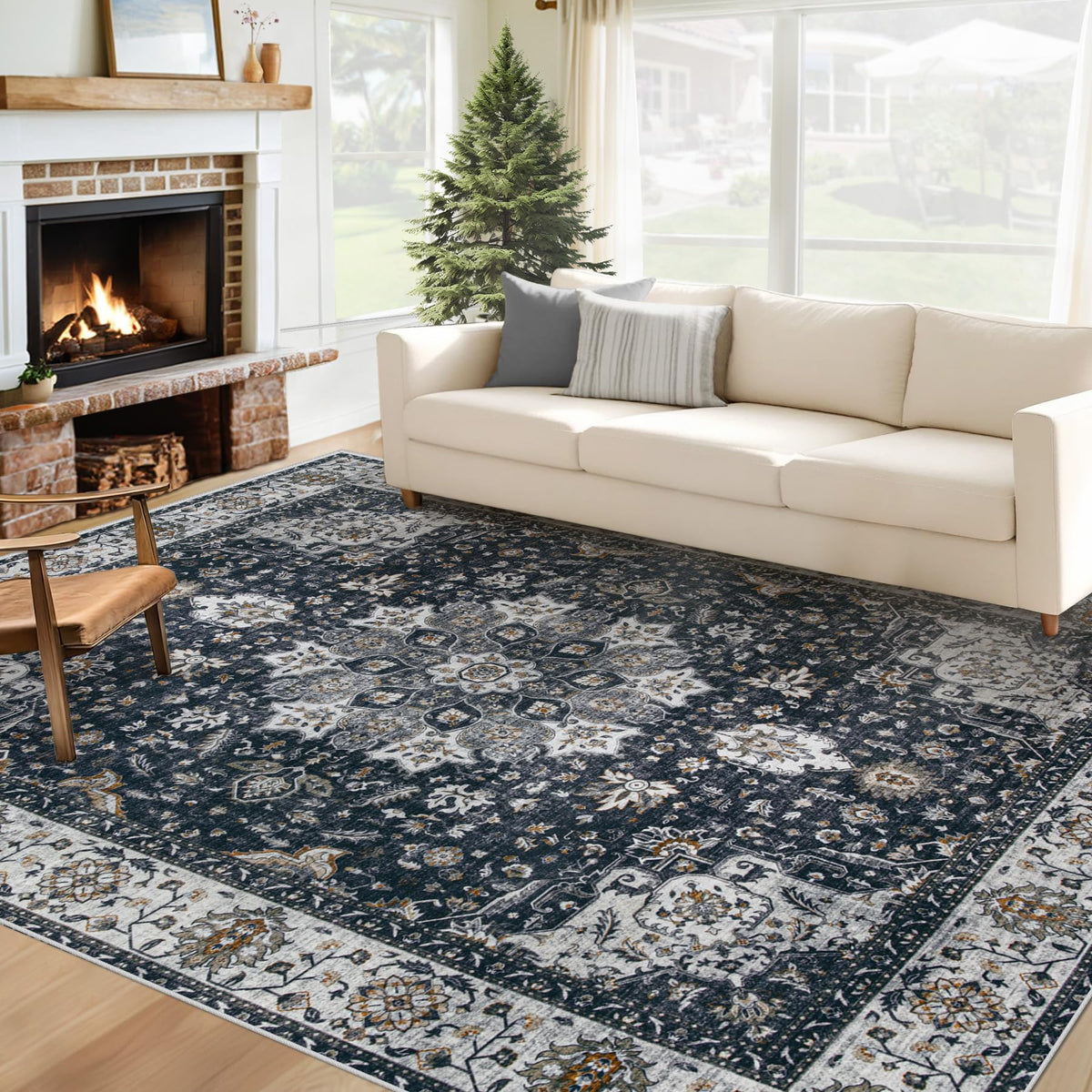 Area Rug 8x10 Washable Rug, Vintage Boho Medallion Rugs Non-Slip Soft Low Pile Large Distressed Rug Indoor Retro Carpet for Living Room Bedroom Dining Room Office Children's Room(Beige, 8'x10')