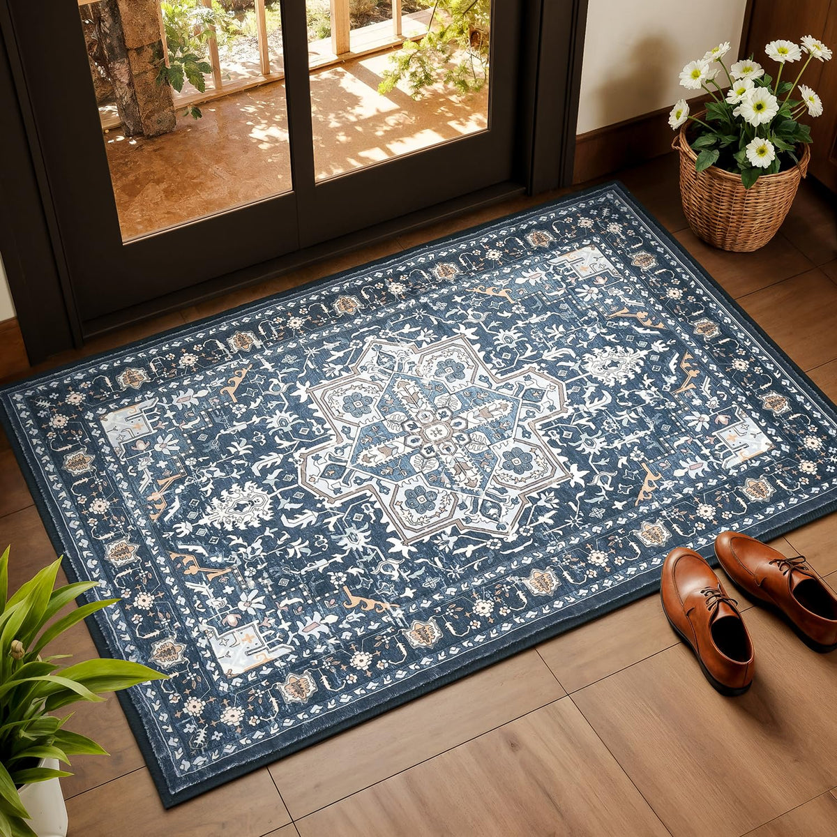 Rugflix 8x10 Area Rugs for Living Room, Washable Large Rug Stain-Resistant Low Pile, Modern Dark Carpet for Dining Room Home Office Kid Room Nursery Bedroom, Navy Blue/Black