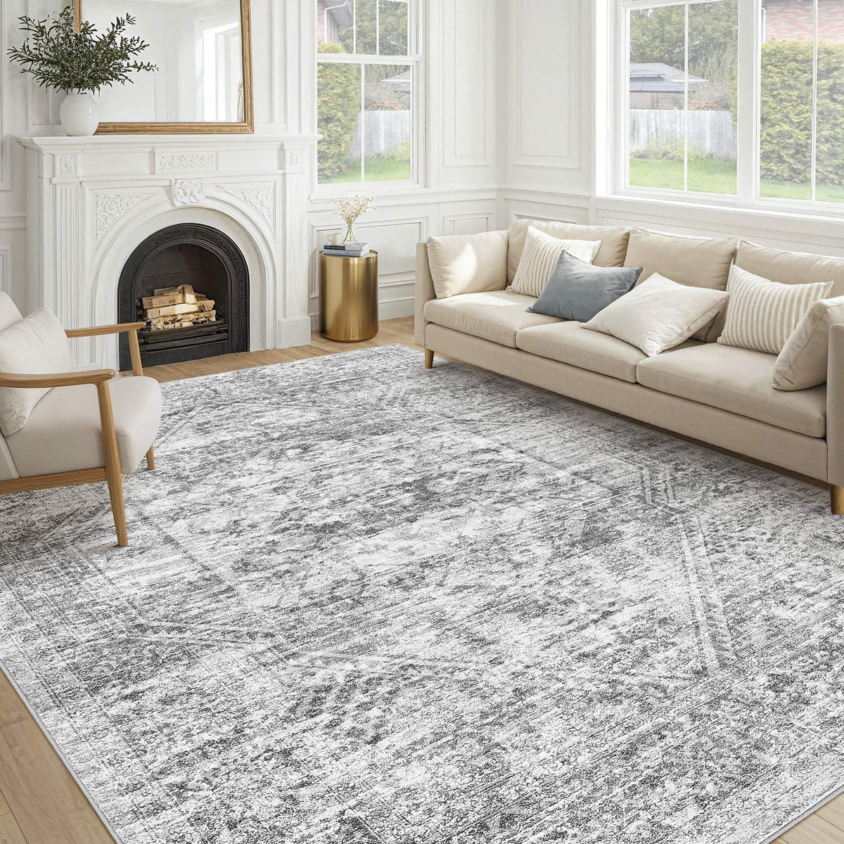 cotiled 5x7 Area Rug for Living Room, Washable, Traditional, Beige