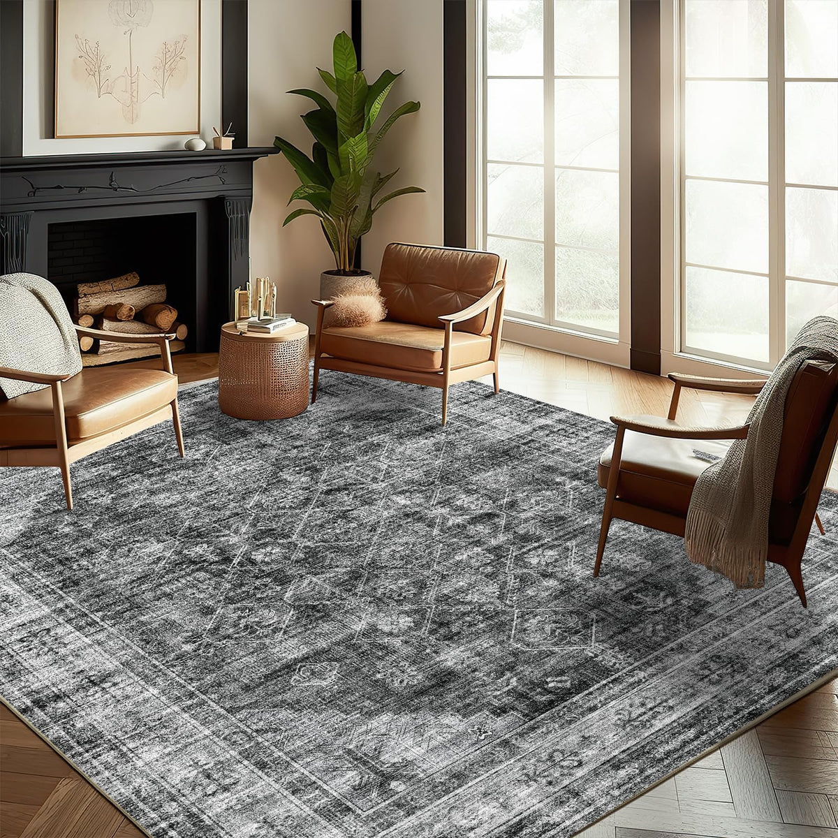CHAMPLANT 6'x9' Washable Vintage Area Rug Boho Chic Medallion Distressed Design Non-Shedding Easy Care Ideal for High Traffic Areas in Living Room Bedroom Kitchen Office Large Carpet