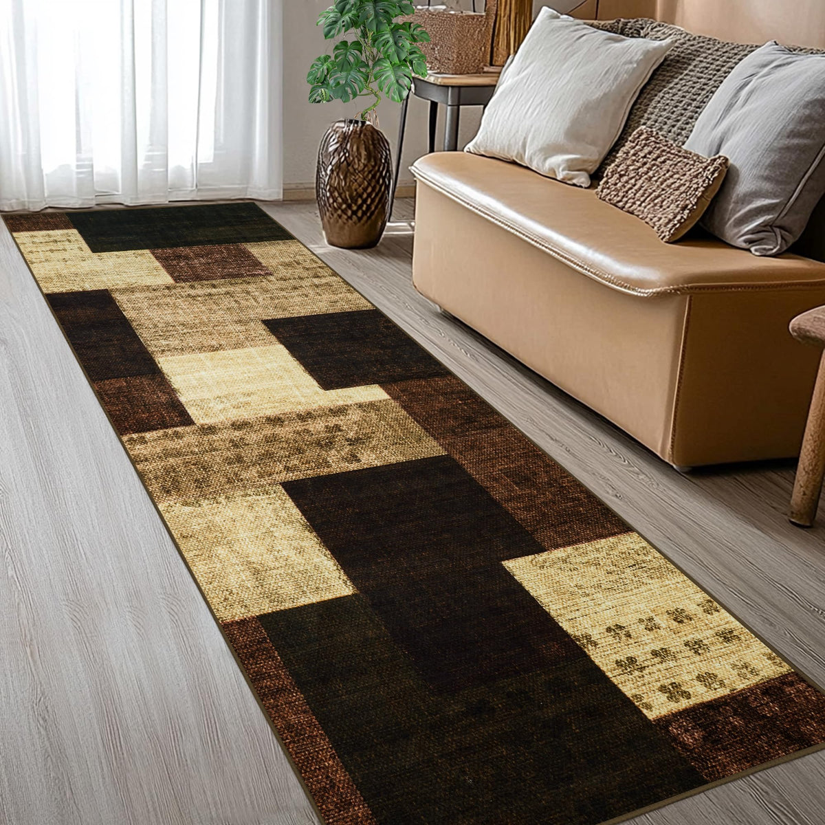 Modern Geometric Patchwork Indoor Area Rug for Living Room, Chocolate 5'x 7' Large Rug Rockwood Collection Hardwood Floors Decor for Bedroom, Brown Throw Carpet for Office Entryway Dining Room