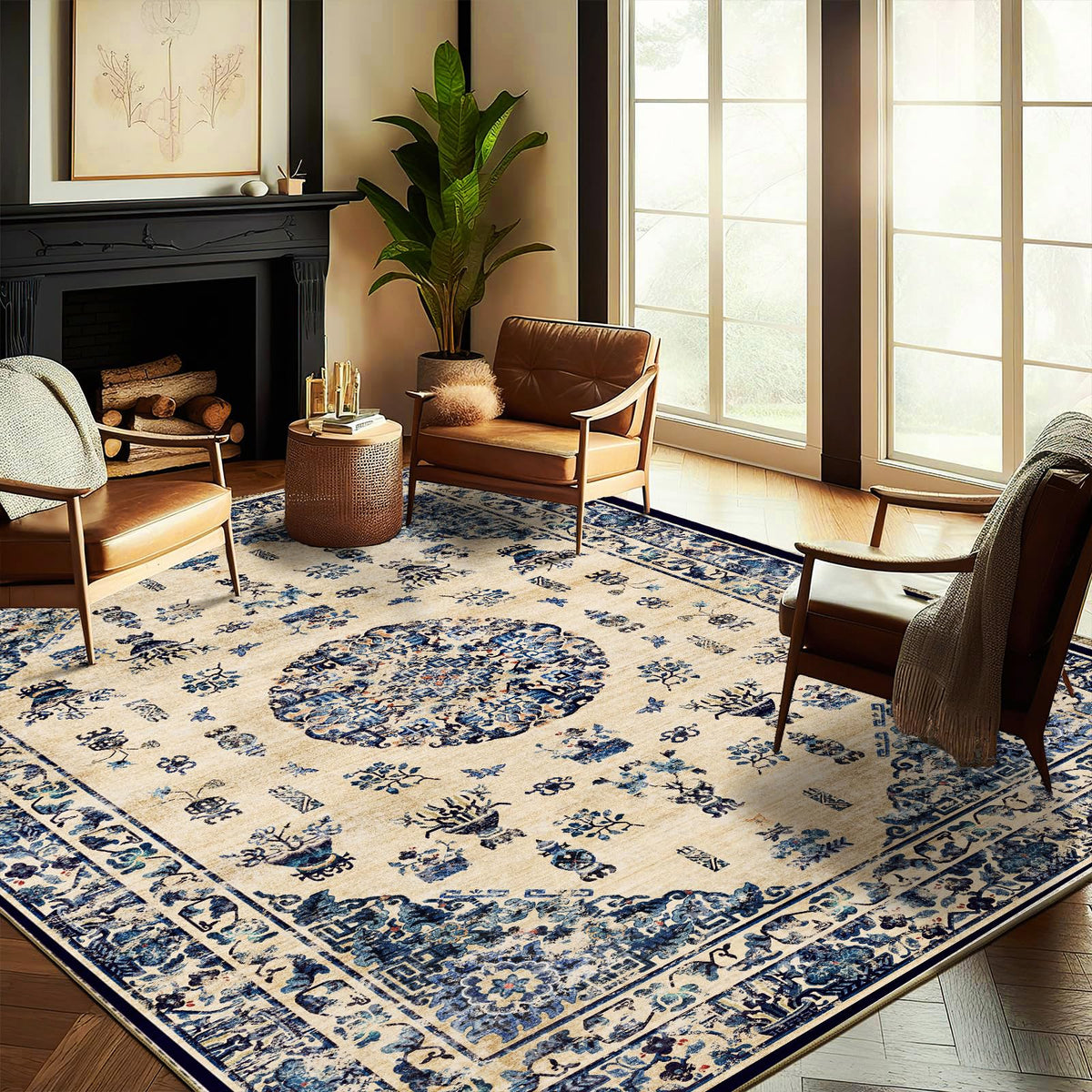 CHAMPLANT 6'x9' Washable Vintage Area Rug Boho Chic Medallion Distressed Design Non-Shedding Easy Care Ideal for High Traffic Areas in Living Room Bedroom Kitchen Office Large Carpet