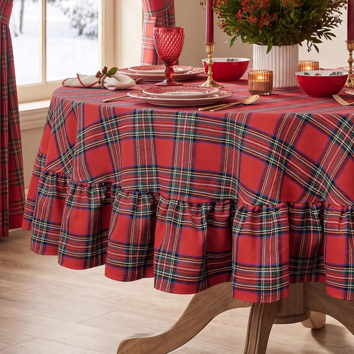 Softalker Gingham Rectangle Tablecloth with Tassel, Sage Green, 55" x 84"