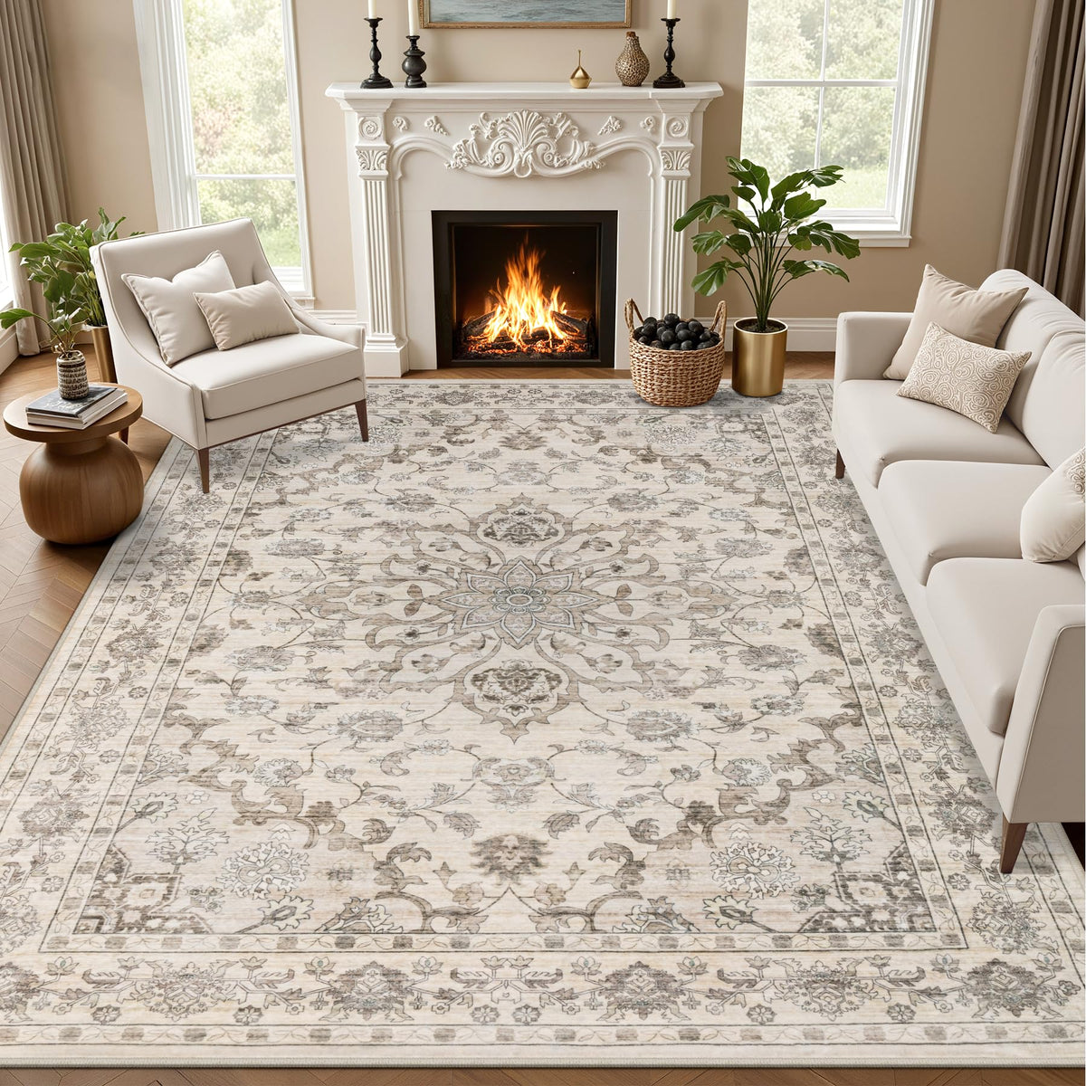 5x7 Area Rugs Living Room: Washable Vintage Rug for Bedroom Beige