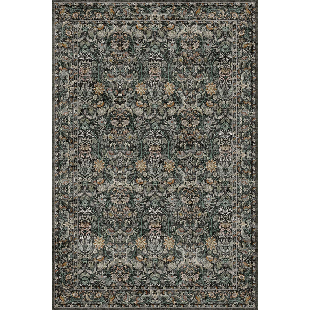 Vintage Botanical Area Rug 8x10: Floral Carpet Non-Slip - Dark Green
