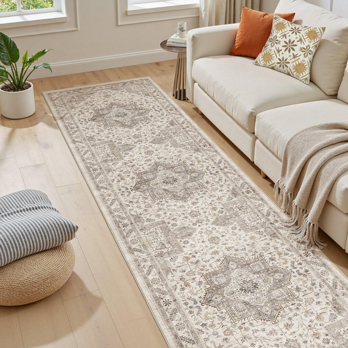 cotiled 5x7 Area Rug for Living Room, Washable, Traditional, Beige