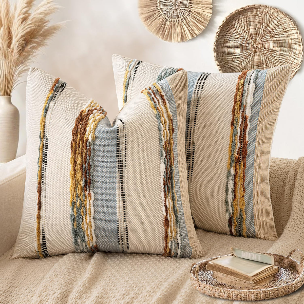 ANRODUO Boho Decorative Pillow Covers Olive Green Stripe 18x18 Pack of 2