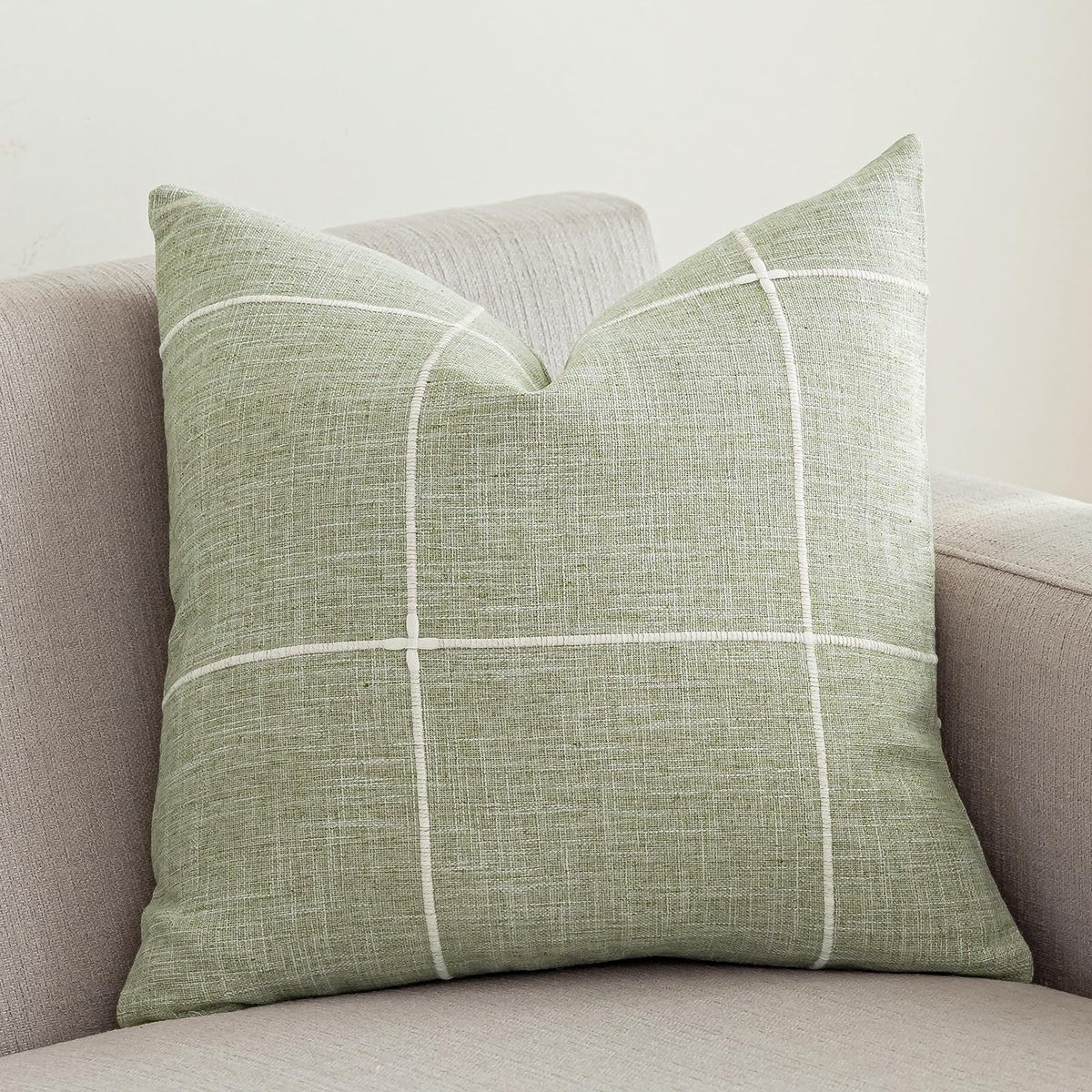 vctops Rustic Lattice Cotton Linen Decorative Throw Pillow Cover Embroidery Square Cushion Cover Pillowcase for Sofa Bedroom Couch (Plaid Coffee,18"x18")