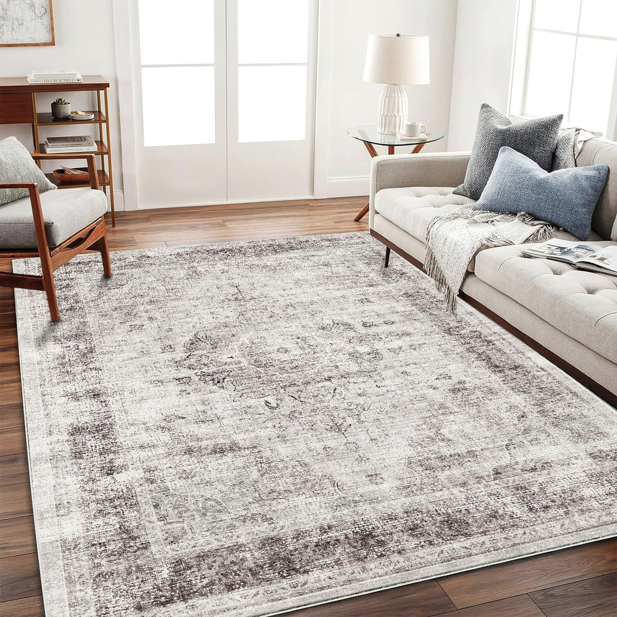 CHAMPLANT 6'x9' Washable Vintage Area Rug Boho Chic Medallion Distressed Design Non-Shedding Easy Care Ideal for High Traffic Areas in Living Room Bedroom Kitchen Office Large Carpet
