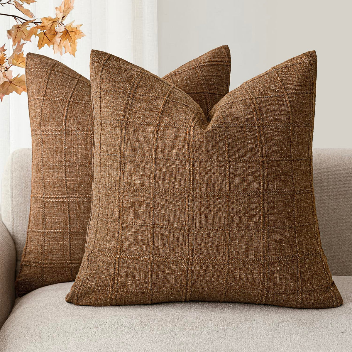 Foindtower Boho Linen Check Decorative Throw Pillow Cover 20×20 Olive Green