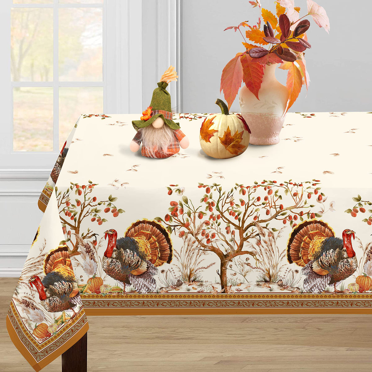 Fall Thanksgiving Double Border Decoration Tablecloth, Turkey & Pumpkin Harvest Tablecloths, Waterproof Table Cover for Dinner Kitchen Party Holiday Decorations Oval 54 x 72 Inch
