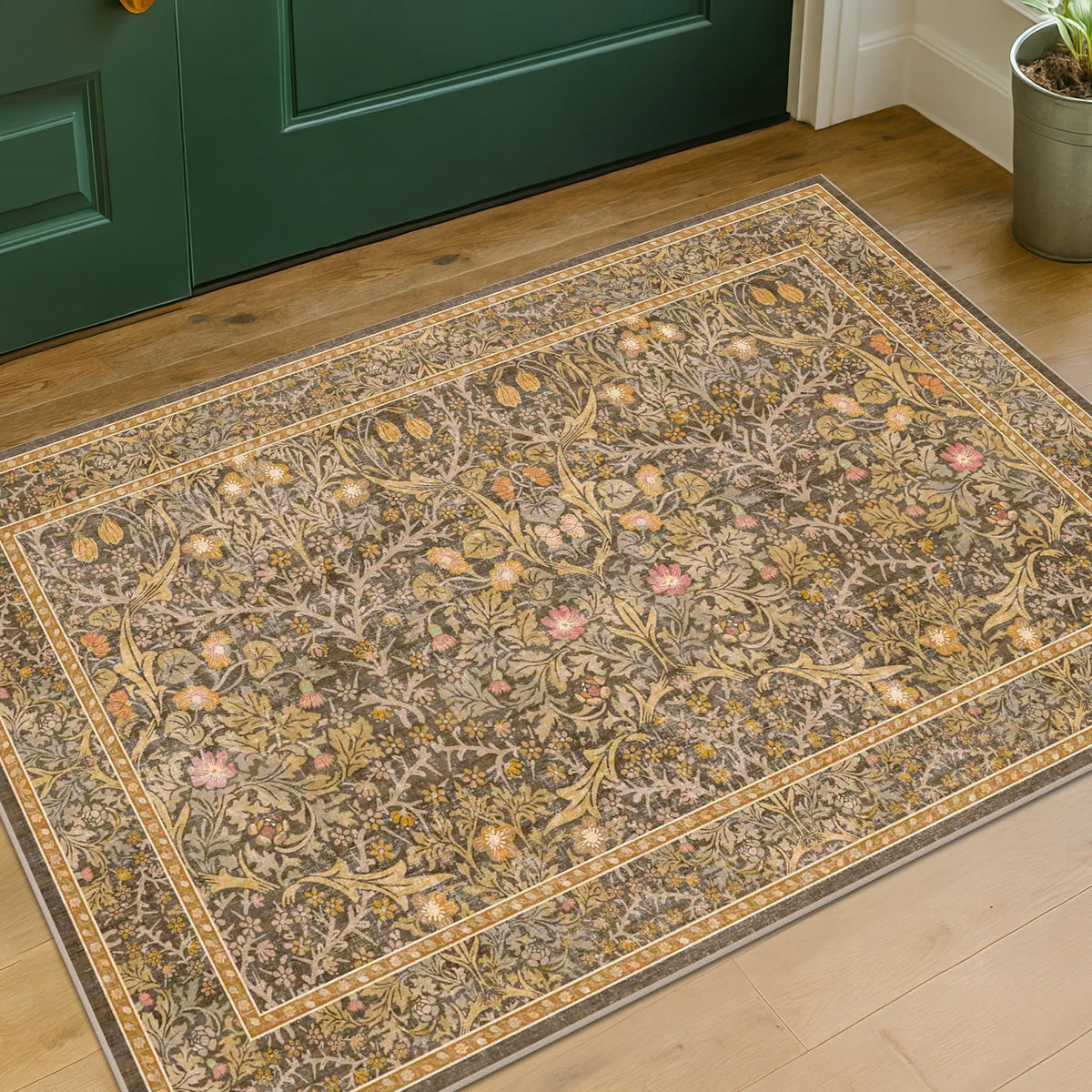 Vintage Floral Dark Green 3x5 Area Rugs for Entryway, Kitchen, Bedroom Beside Rug, Laundry Room, Non-Slip Low Pile Ultra Soft Stain Resistant Small Carpet