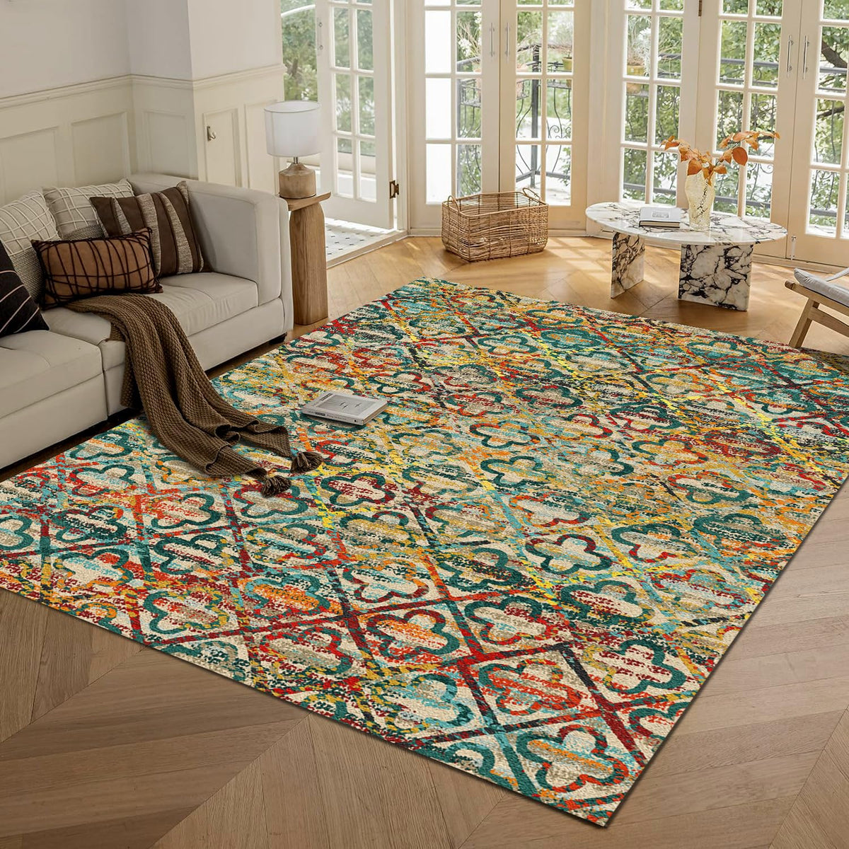 RUGSURE Washable Area Rugs - Perfect for Living Room, Bedroom, Kids Room, Nursery - Stain & Water Resistant Non-Slip, Pet & Child Friendly, Vintage Tribal Area Rugs (Green, 5' x 7')