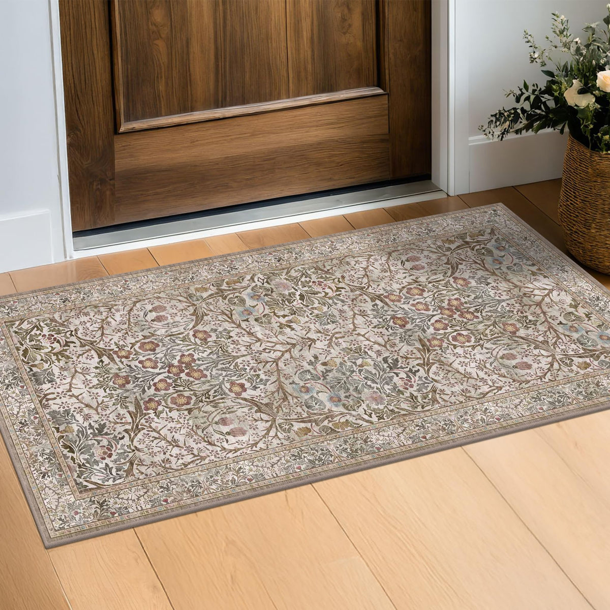Vintage Floral Dark Green 3x5 Area Rugs for Entryway, Kitchen, Bedroom Beside Rug, Laundry Room, Non-Slip Low Pile Ultra Soft Stain Resistant Small Carpet