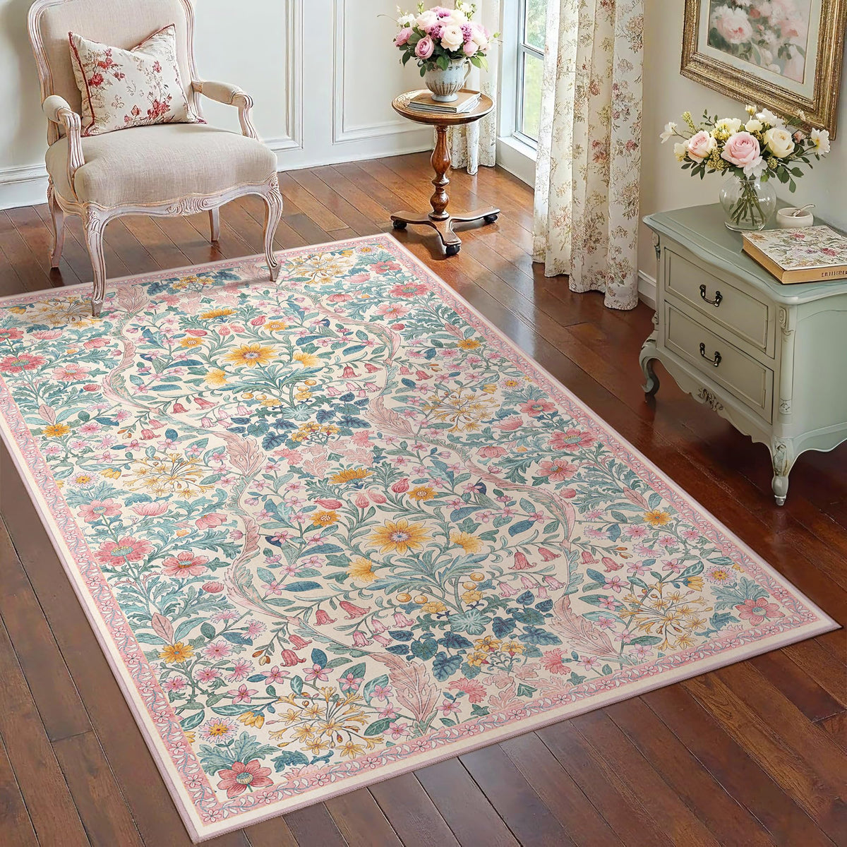 Floral Area Rug 5x7 Botanical Washable Carpet for Living Room