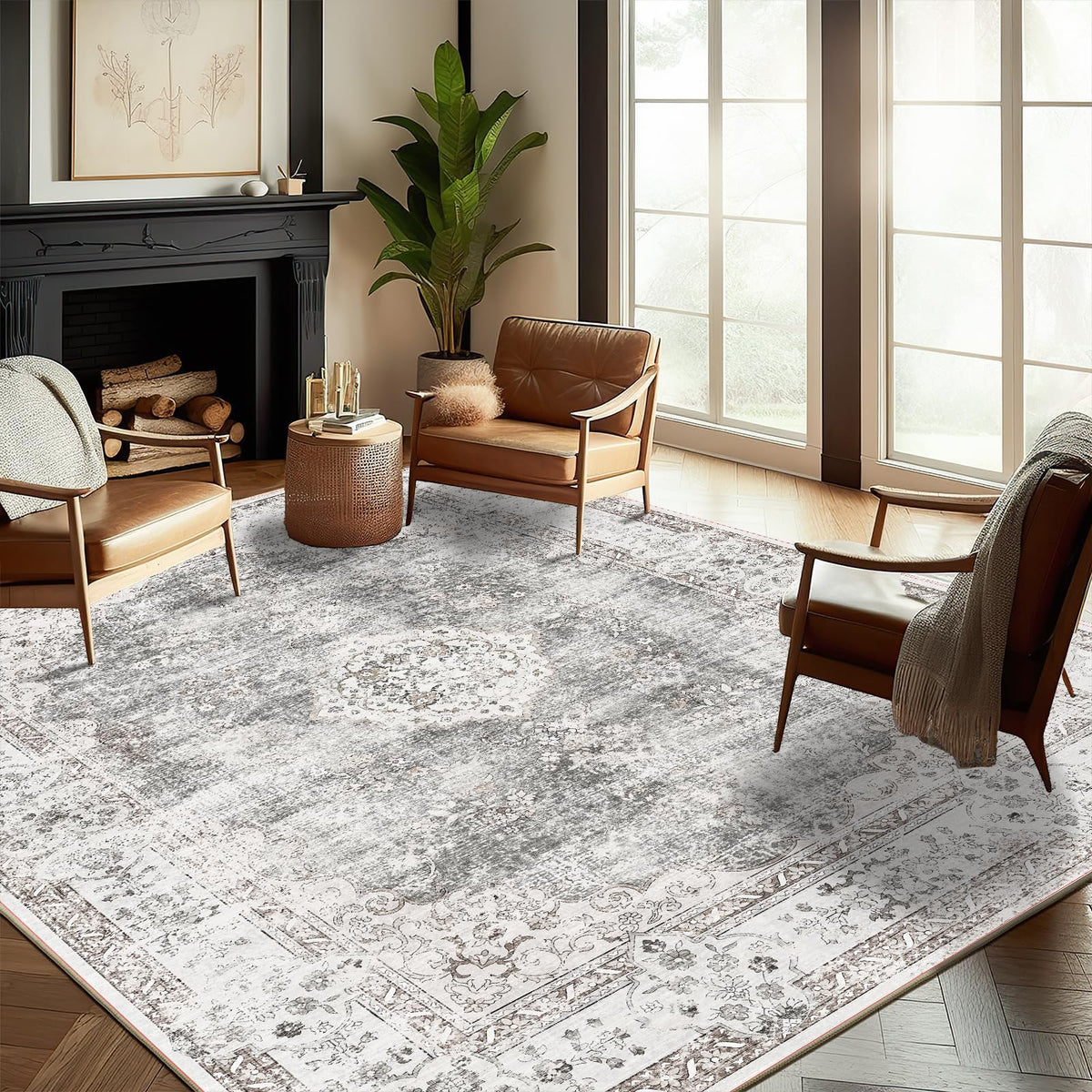 CHAMPLANT 6'x9' Washable Vintage Area Rug Boho Chic Medallion Distressed Design Non-Shedding Easy Care Ideal for High Traffic Areas in Living Room Bedroom Kitchen Office Large Carpet