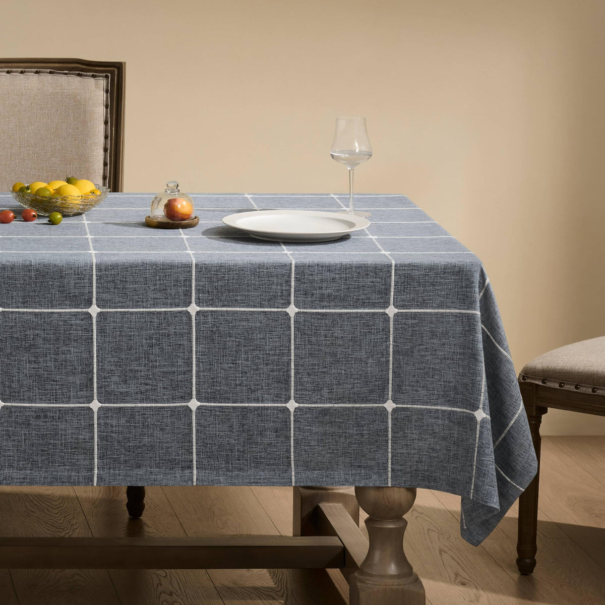 ZeeMart Grid Embroidered Rectangle Hemmed Tablecloths 60x120in, Blue