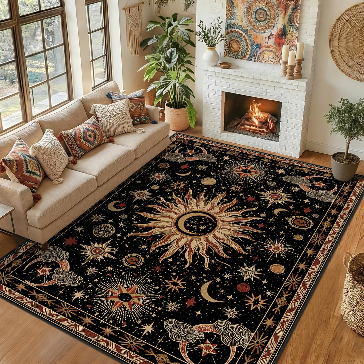 Vacuum-Friendly, 5x7 Washable Area Rug, Black Gold Beige Red