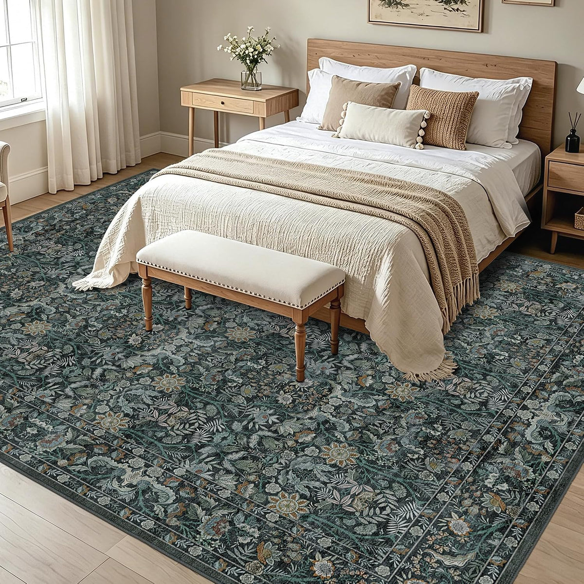 Vintage Botanical Area Rug 8x10: Floral Carpet Non-Slip - Dark Green