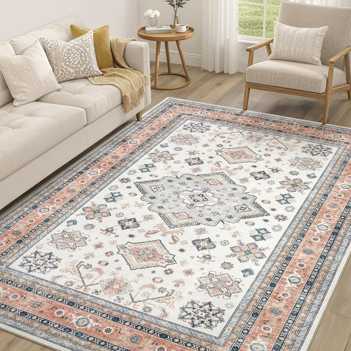 cotiled 5x7 Area Rug for Living Room, Washable, Traditional, Beige