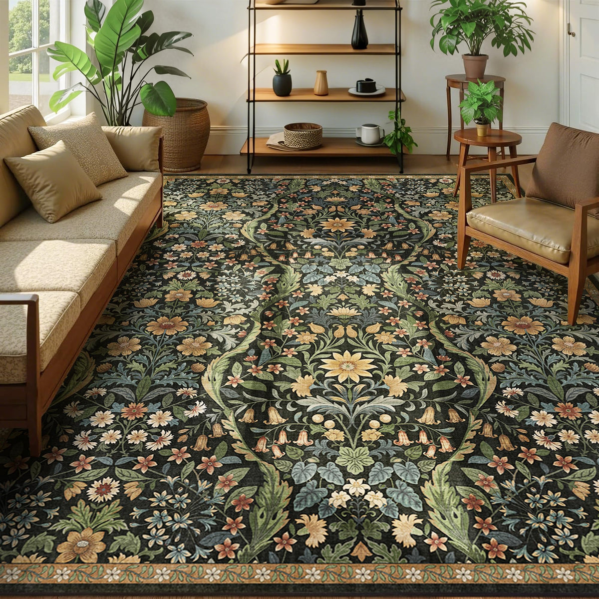 Floral Area Rug 5x7 Botanical Washable Carpet for Living Room