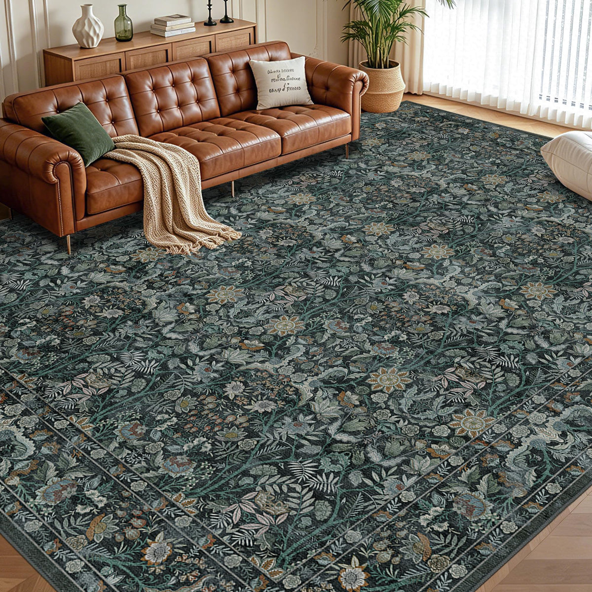 Vintage Botanical Area Rug 8x10: Floral Carpet Non-Slip - Dark Green