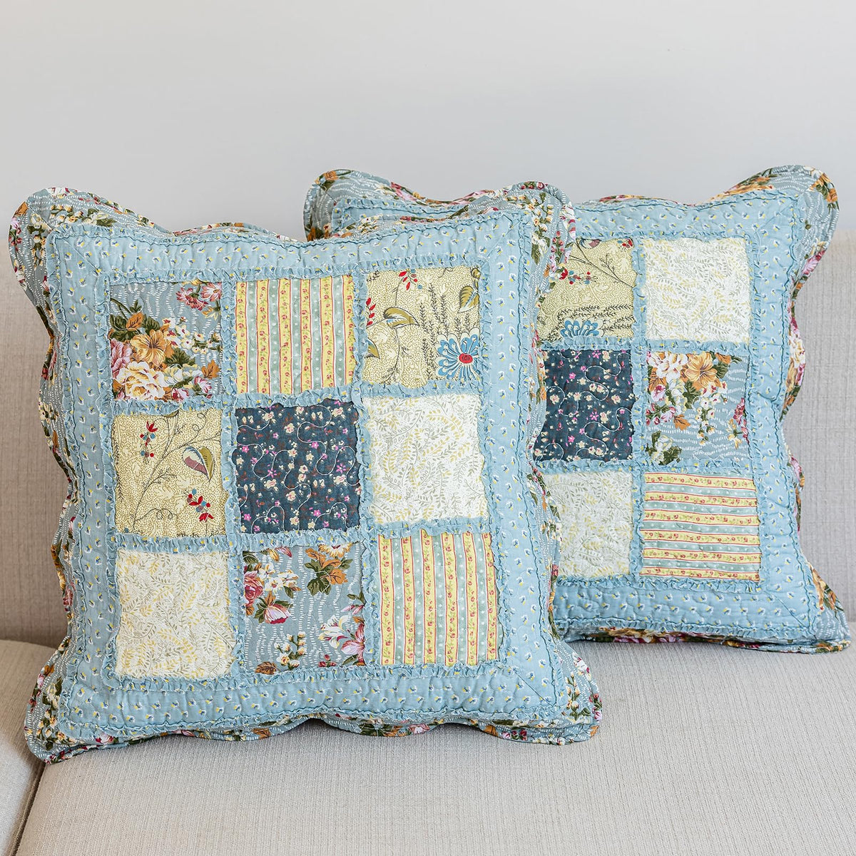 vctops Set of 2 Quilted 100% Cotton Boho Throw Pillow Covers 18" x 18" Farmhouse Country Floral Patchwork Decorative Cushion Cover, Patchwork Flower M