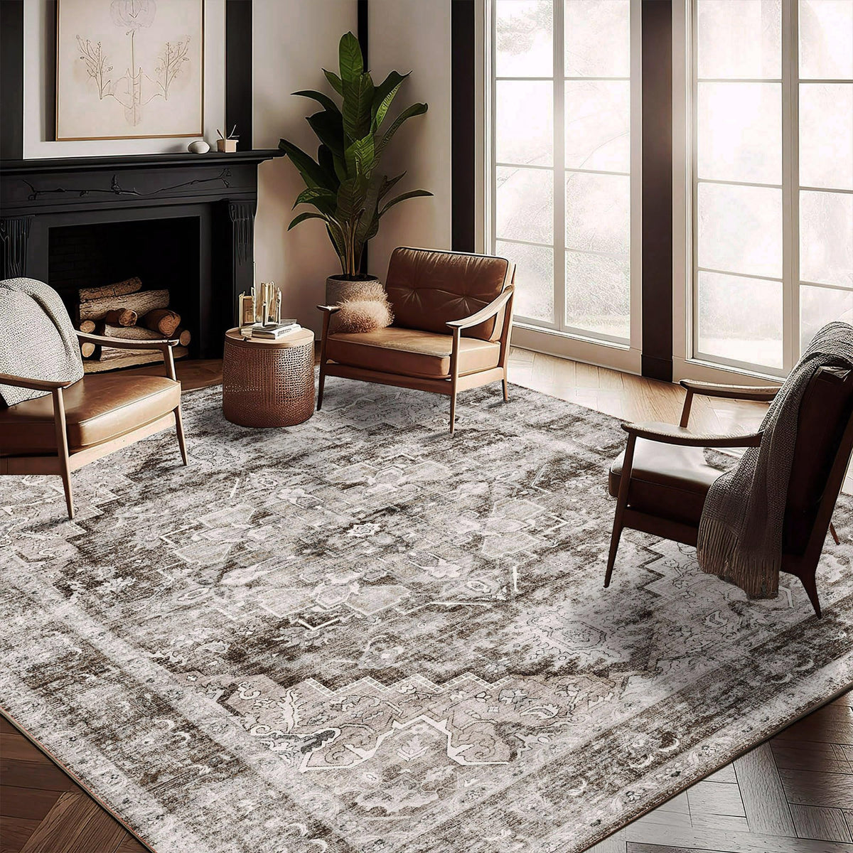 CHAMPLANT 6'x9' Washable Vintage Area Rug Boho Chic Medallion Distressed Design Non-Shedding Easy Care Ideal for High Traffic Areas in Living Room Bedroom Kitchen Office Large Carpet