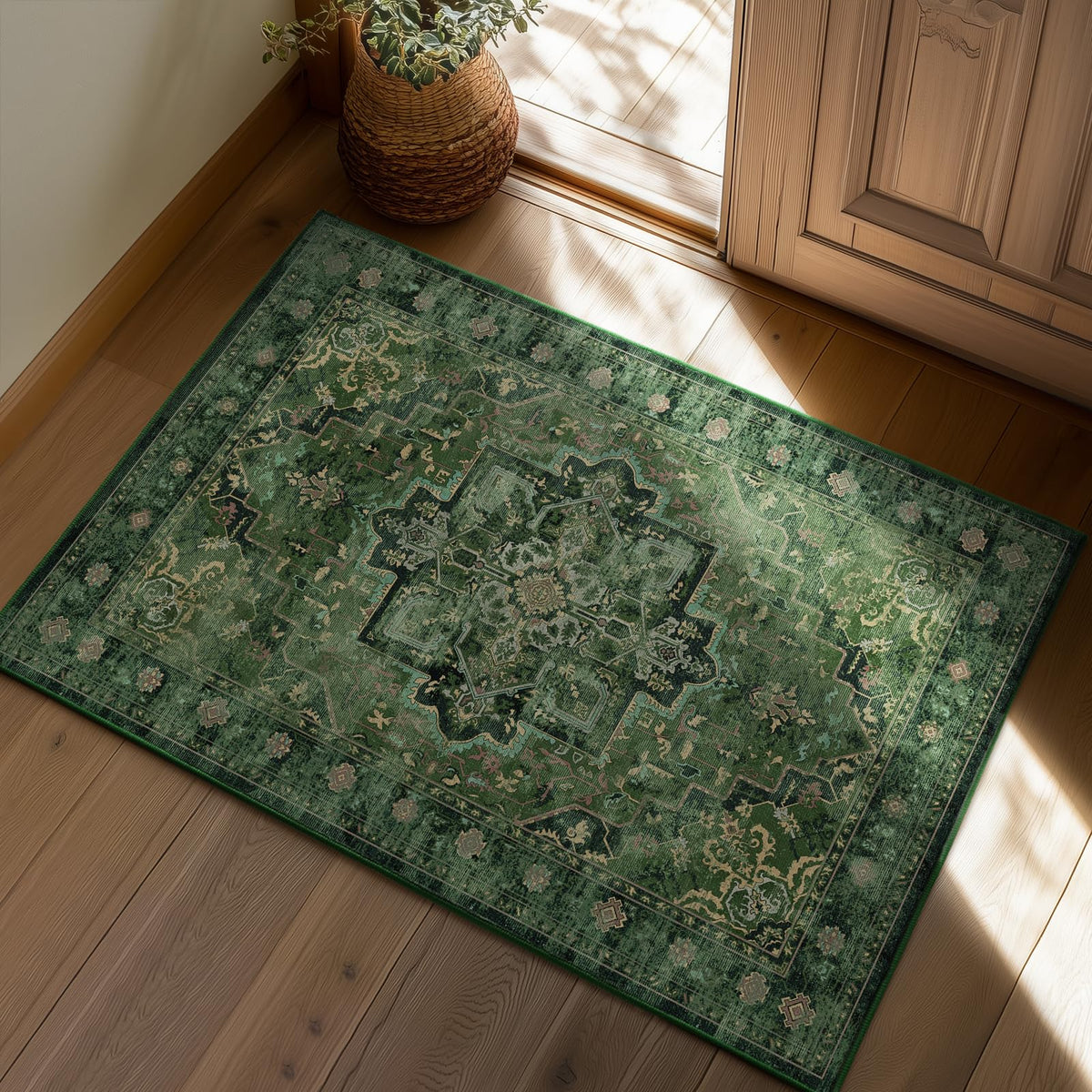 Vintage Dark Green Area Rugs 5x7 for Living Room, Tranditional Distressed Medallion Printed Low Pile Thin Rugs for Bedroom, Non Slip Washable Carpet Rugs for Dining Room/Kitchen/Home Office