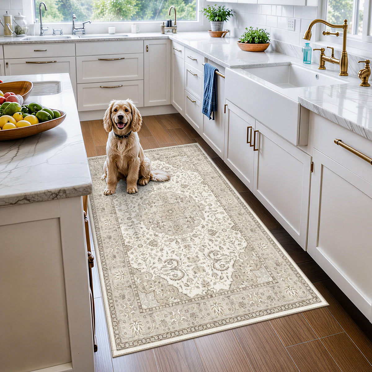 Hallway Washable Runner Rug - 2x10 Kitchen Rugs Entryway Rug Runner Vintage Soft Floor Mat Non Slip Indoor Farmhouse Carpet for Bathroom Living Room Bedroom (2 X 10, Beige)