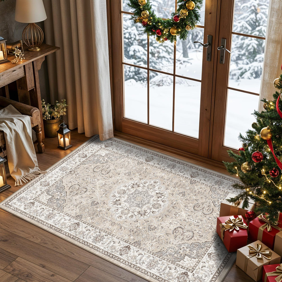 Hallway Washable Runner Rug - 2x10 Kitchen Rugs Entryway Rug Runner Vintage Soft Floor Mat Non Slip Indoor Farmhouse Carpet for Bathroom Living Room Bedroom (2 X 10, Beige)