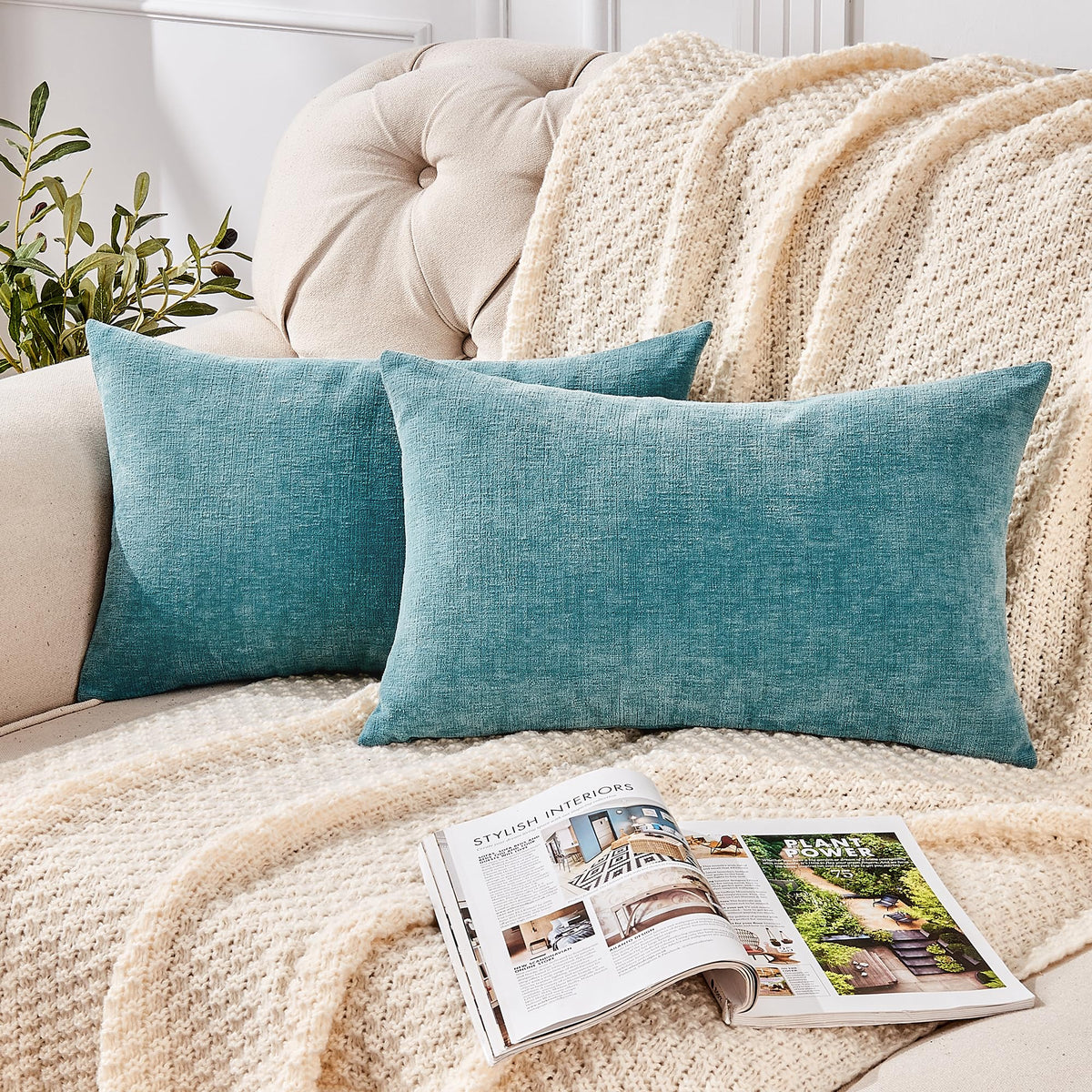 GAWAMAY Decorative Throw Pillow Covers 16x16 Inch Set of 2, Super Soft Chenille Square Pillows Farmhouse Fall Pillowcase for Living Room Bedroom Sofa Couch Cushion Cover Navy Blue 40x40cm
