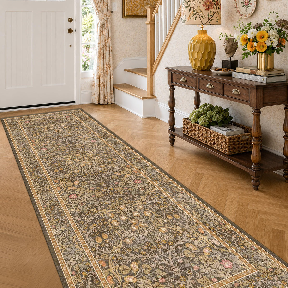 Vintage Floral Dark Green 3x5 Area Rugs for Entryway, Kitchen, Bedroom Beside Rug, Laundry Room, Non-Slip Low Pile Ultra Soft Stain Resistant Small Carpet