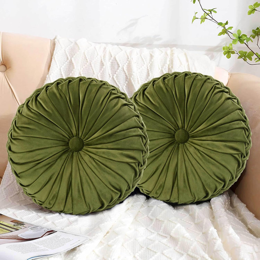HIG Set of 2 Olive Velvet Decorative Round Pleated Throw Pillows
