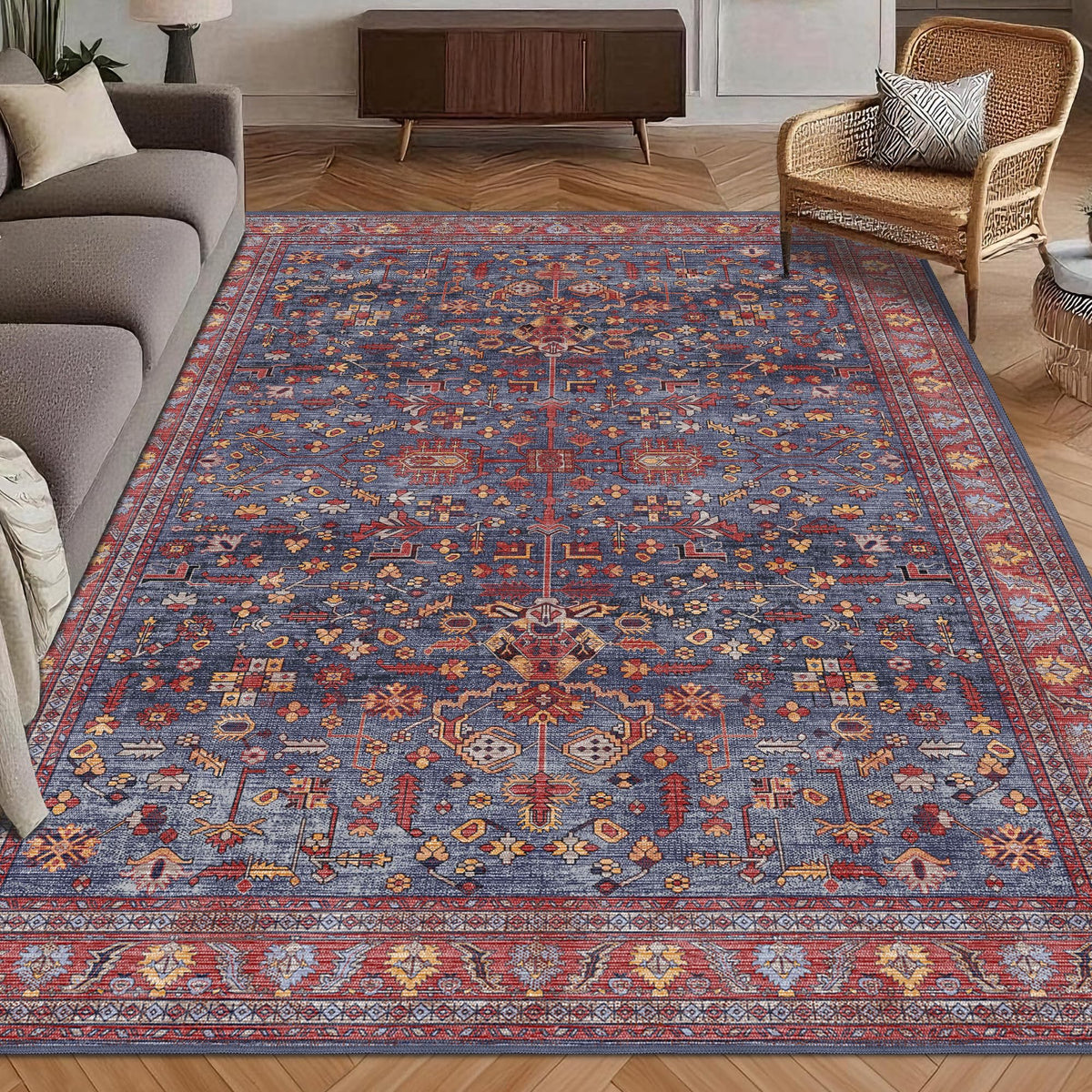 Washable Area Rug 5' x 7' Vintage Traditional Persian Mat - Foldable Distressed Non-Slip Machine Washable Carpet for Living Room Bedroom Kitchen Home Decor - Graphite and Mist