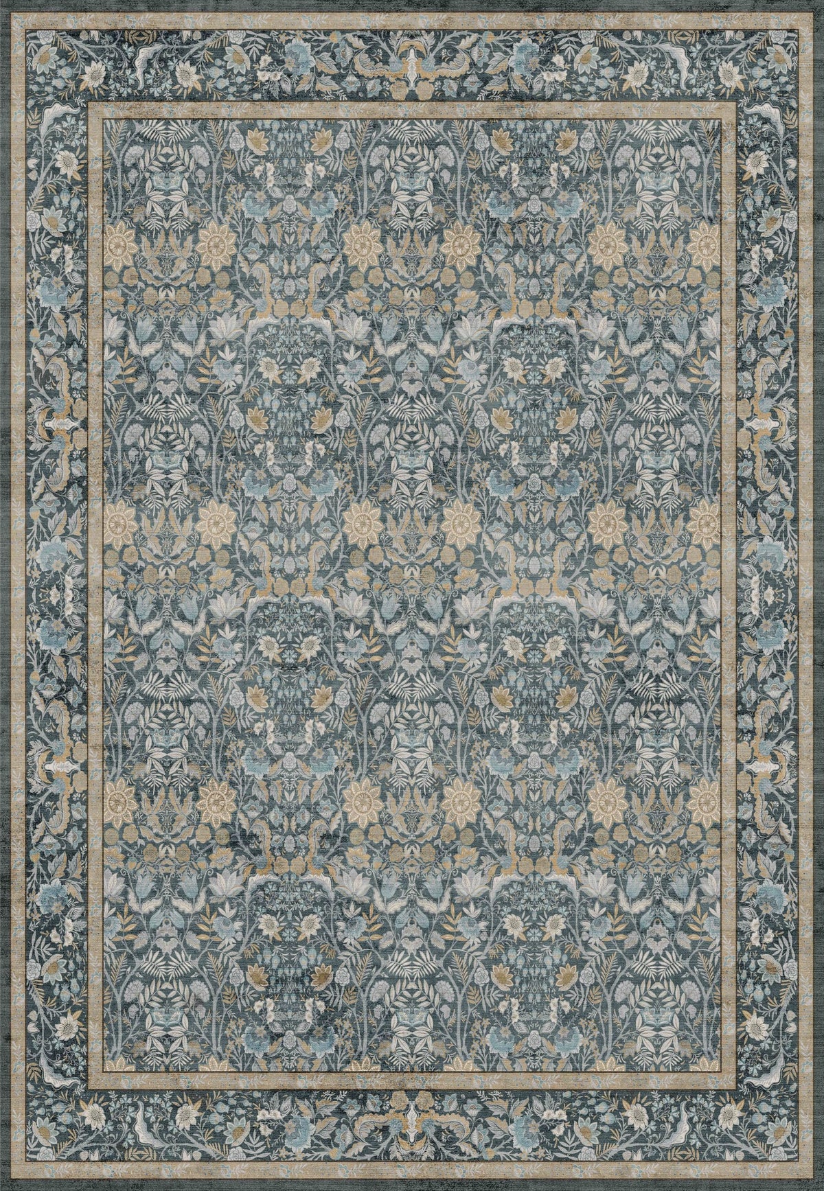 Vintage Botanical Area Rug 8x10: Floral Carpet Non-Slip - Dark Green