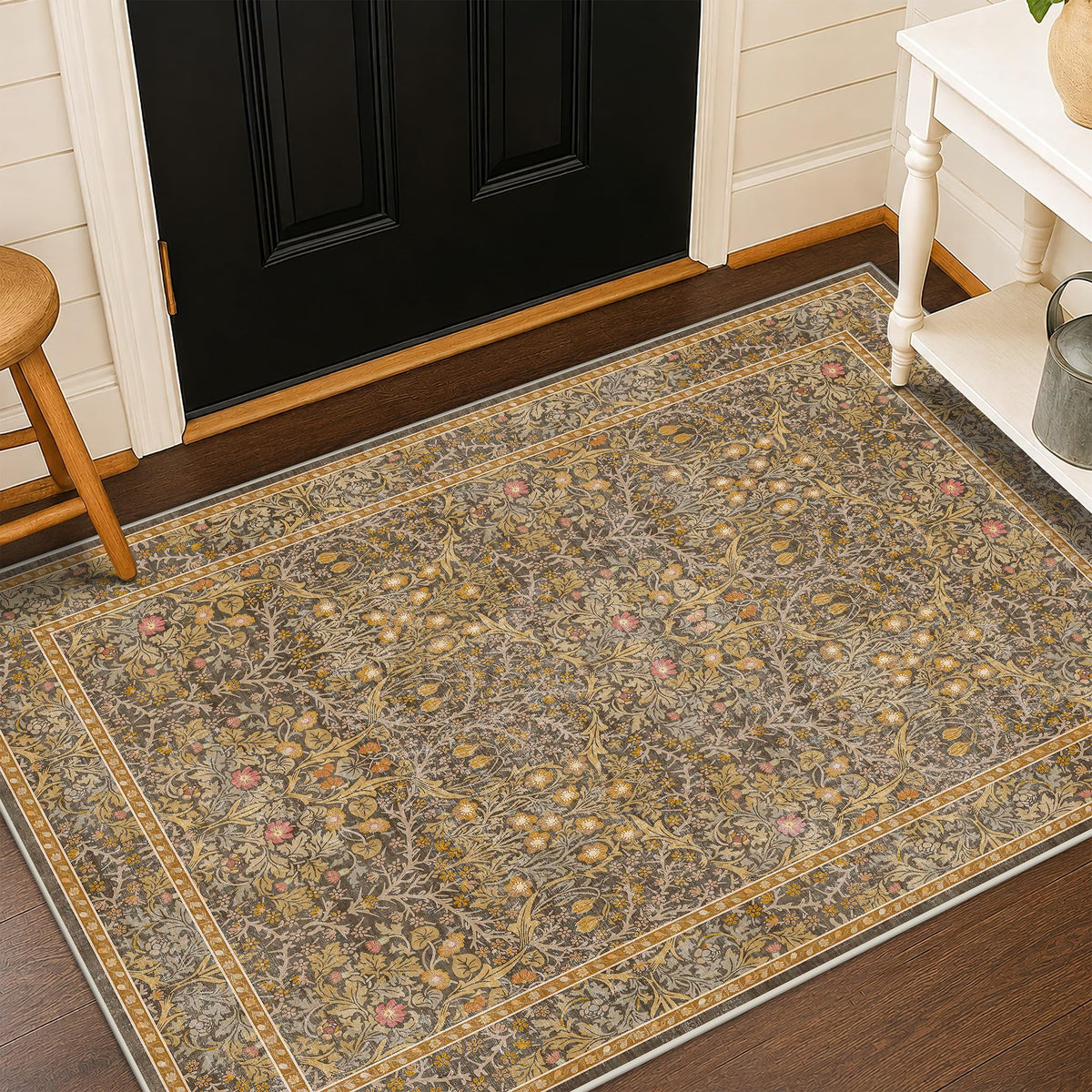 Vintage Floral Dark Green 3x5 Area Rugs for Entryway, Kitchen, Bedroom Beside Rug, Laundry Room, Non-Slip Low Pile Ultra Soft Stain Resistant Small Carpet