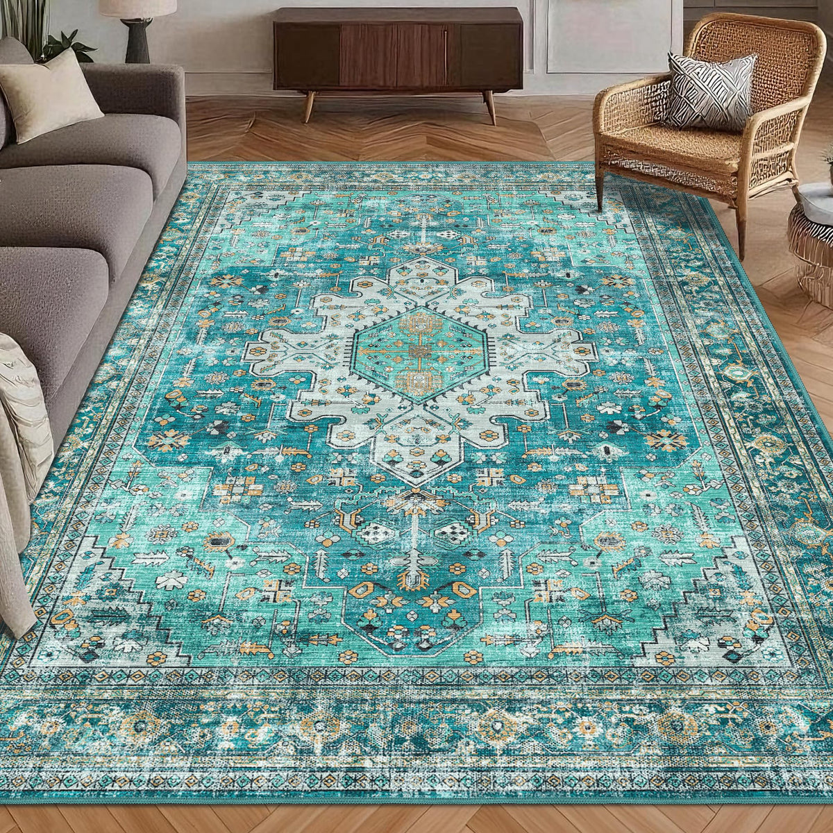 Washable Area Rug 5' x 7' Vintage Traditional Persian Mat - Foldable Distressed Non-Slip Machine Washable Carpet for Living Room Bedroom Kitchen Home Decor - Graphite and Mist